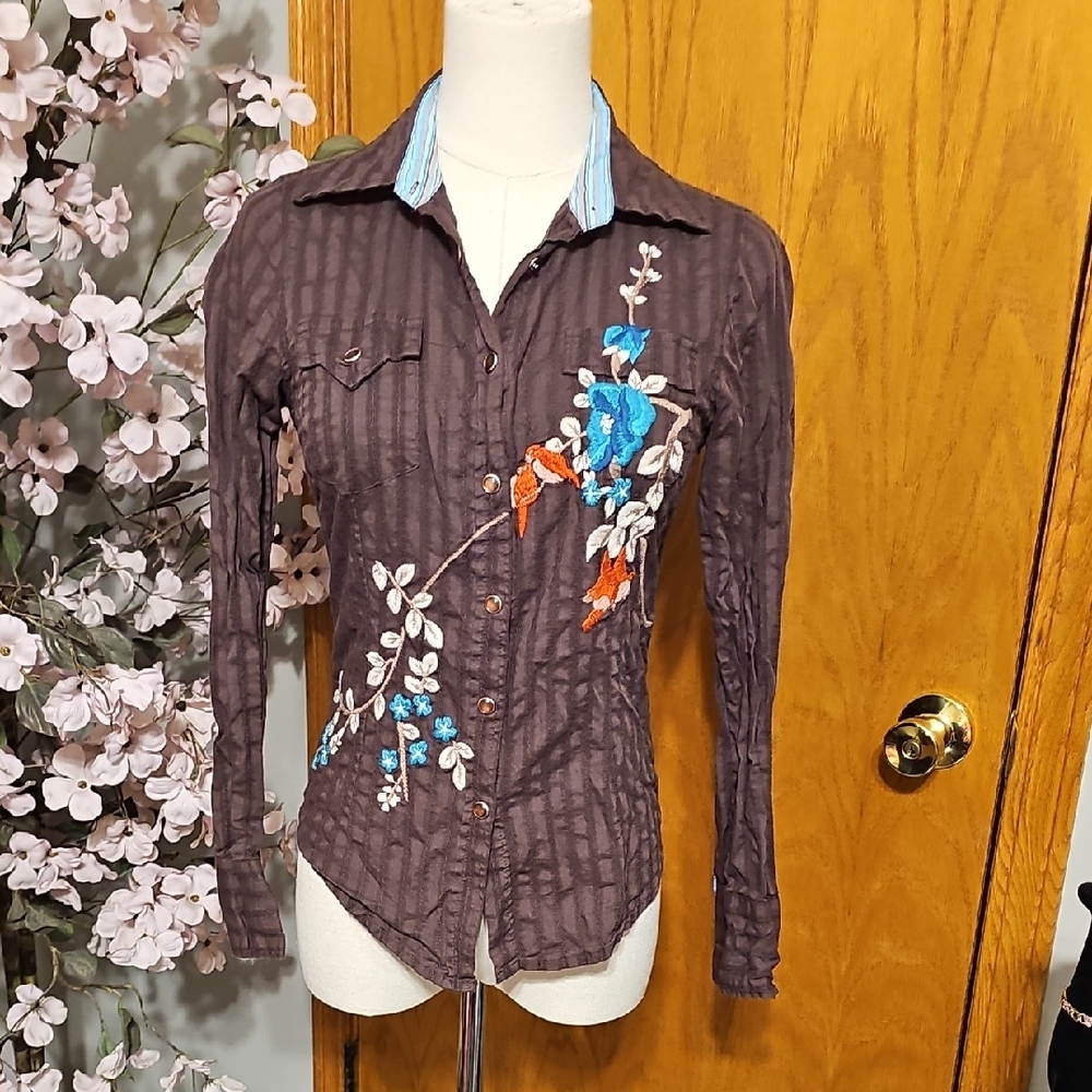 Anthropologie Floral Embroidered Button Down Top